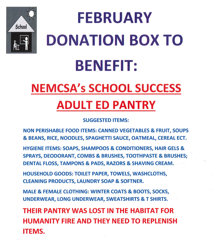 February Donation Box: NEMSCA’s School Success Adult Ed Pantry